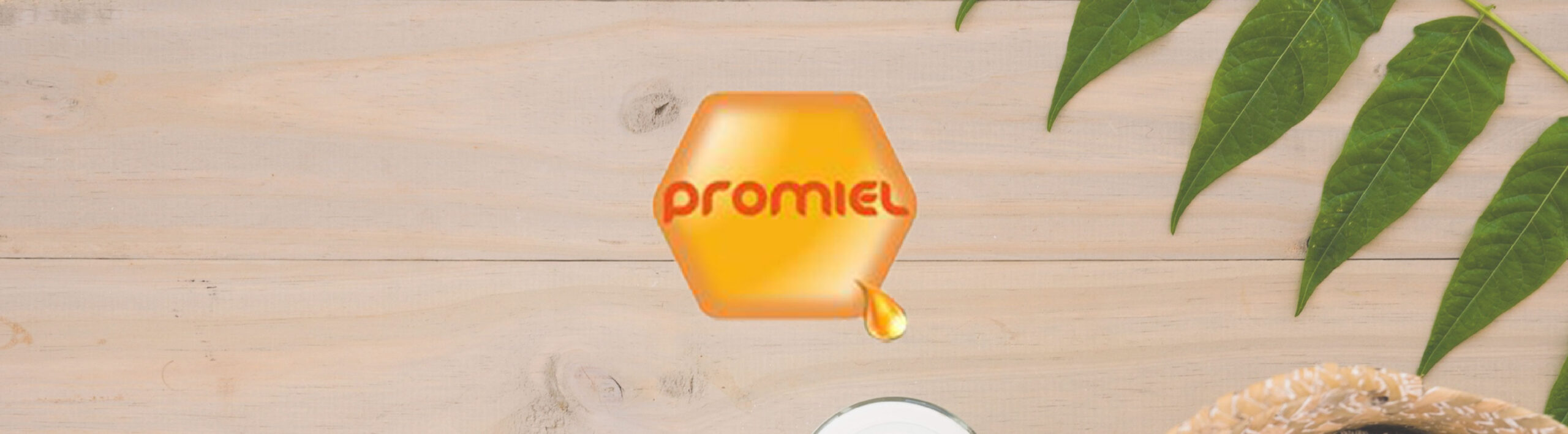 Banner promocional de la marca Promiel con un fondo de madera natural y hojas verdes